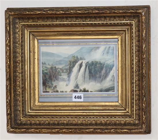 An 18th century English School, watercolour, Figures overlooking a waterfall 13 x 21cm